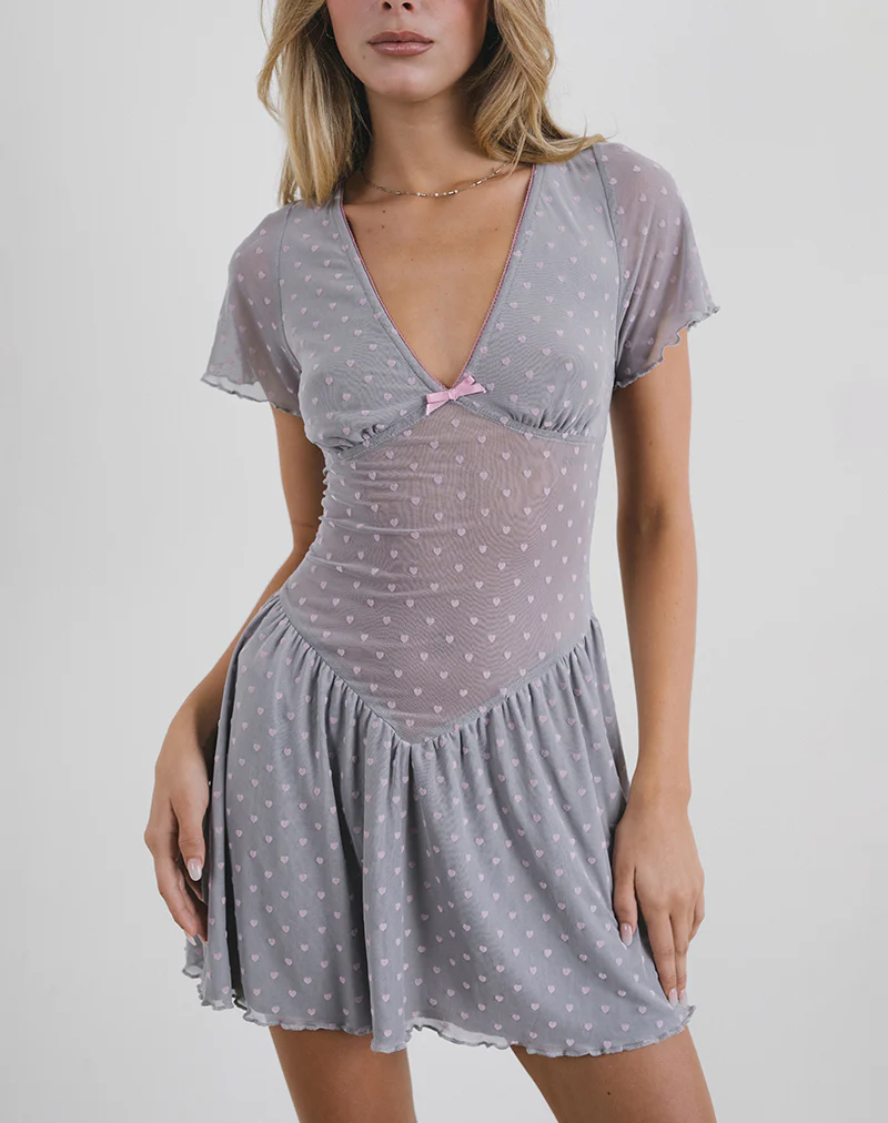 Geni Mini Dress in Heart Flock Grey - Awmao