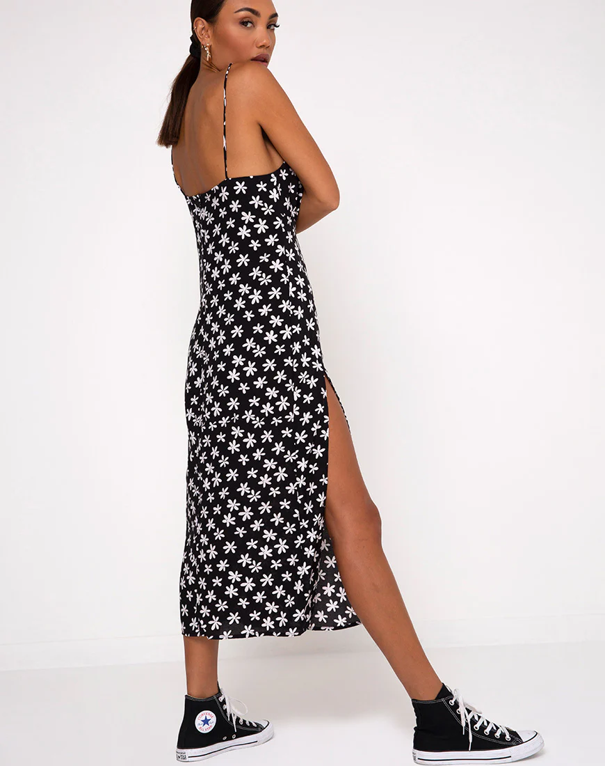 Cypress Midi Dress in 90's Daisy Black and White - Awmao