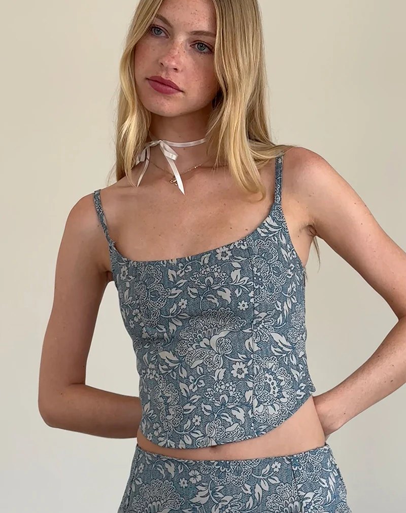 Jatemi Corset Top in Blue Ornate Print - Awmao