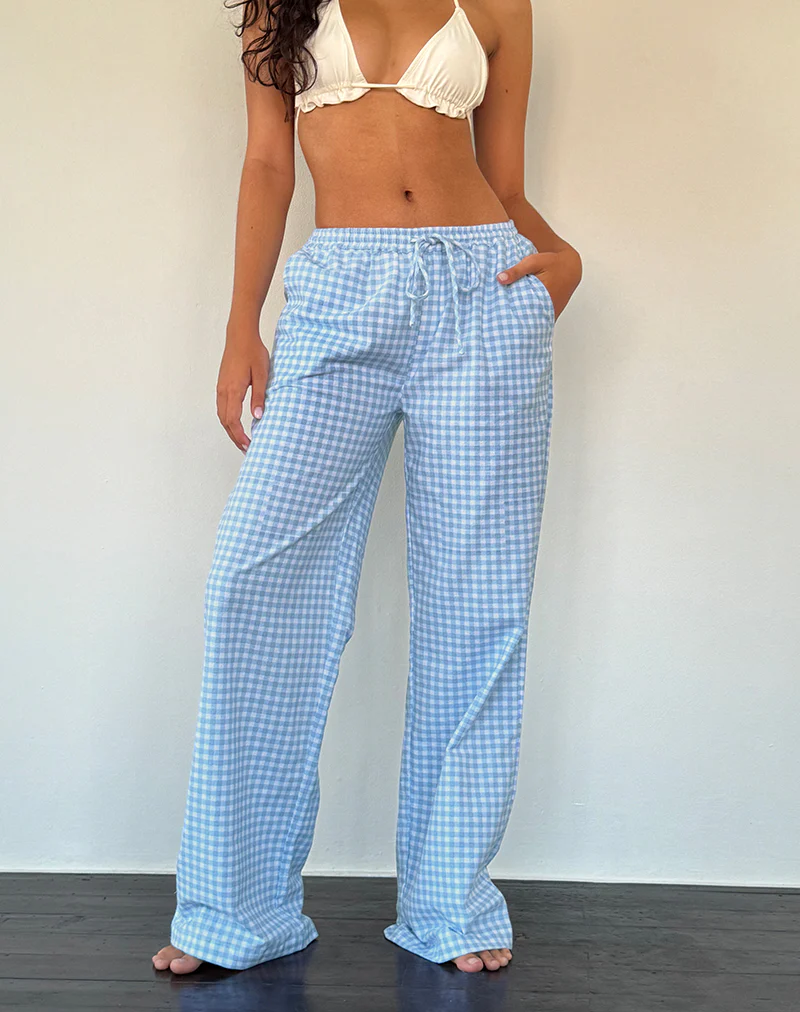 Wasic Wide Leg Linen Trouser in Blue Gingham - Awmao