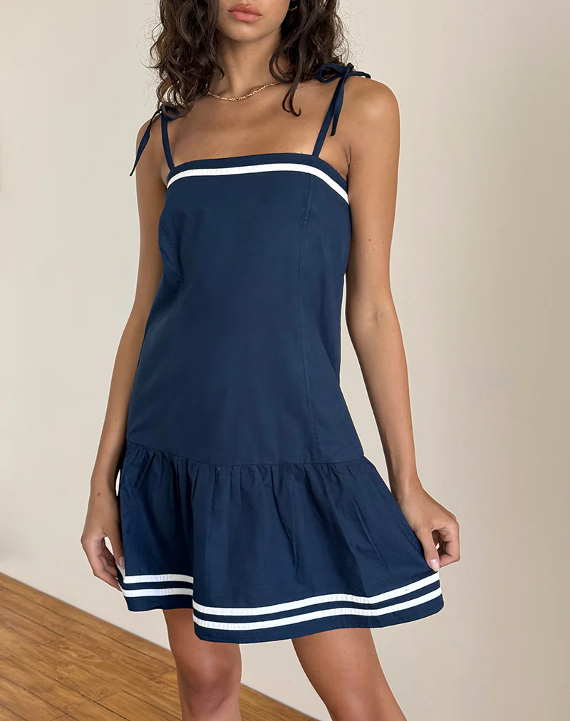 Rodha Cami Mini Dress in Poplin Navy - Awmao