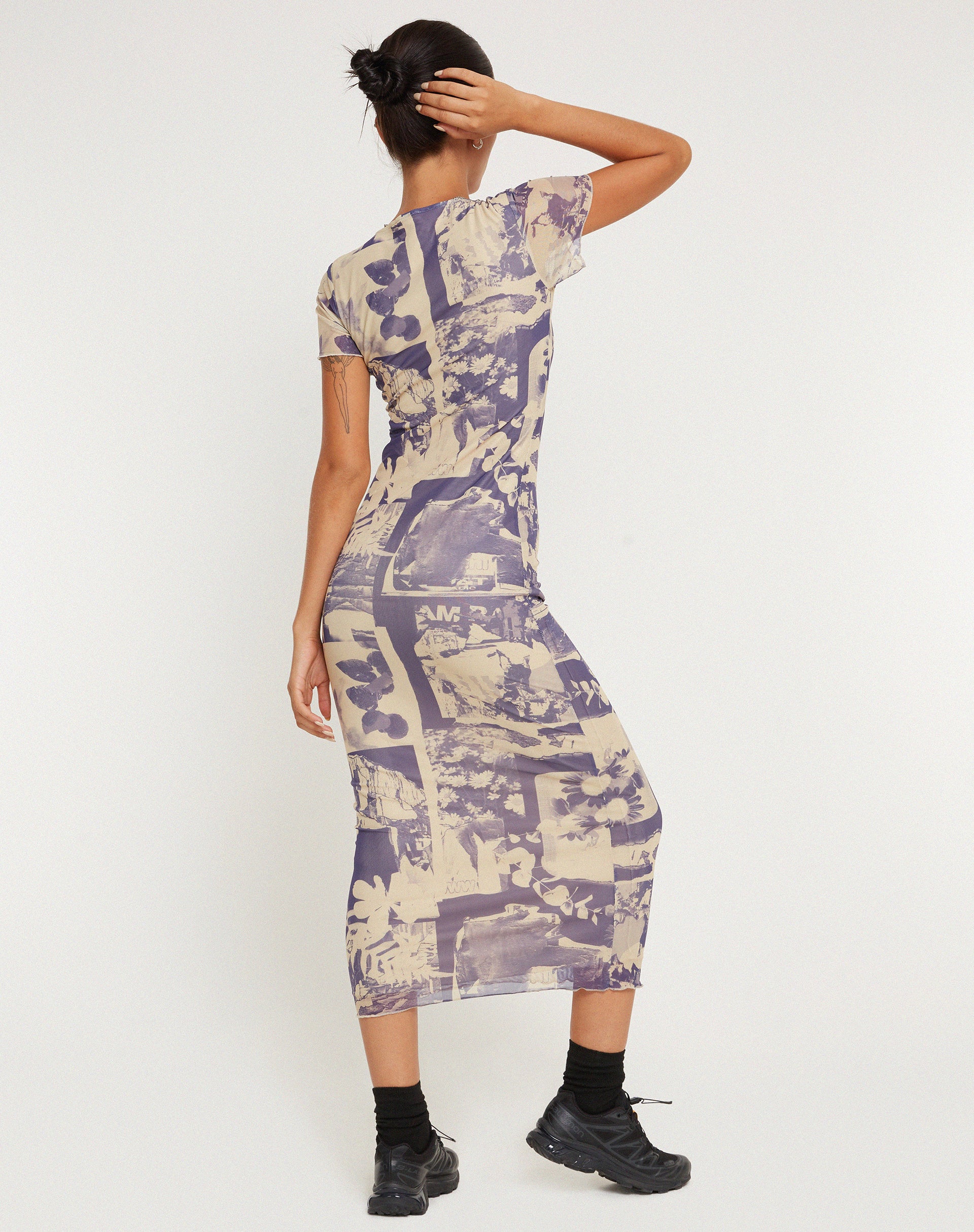Roska Printed Mesh Midi Dress in Collage Floral Shadow Purple - Awmao