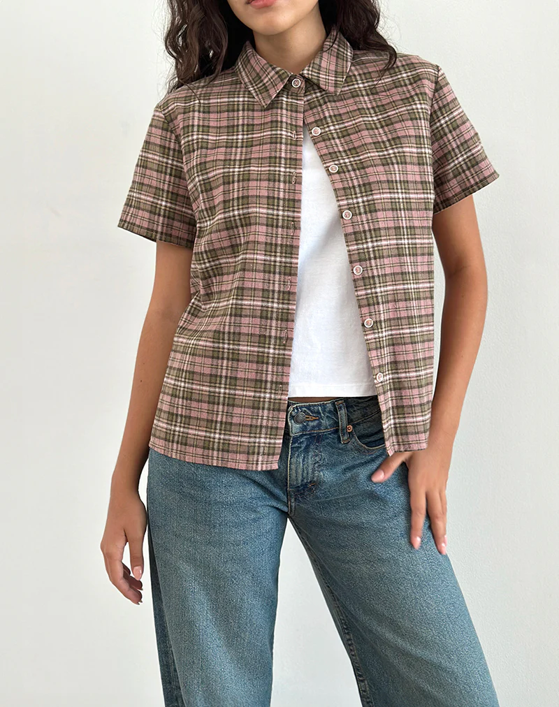 Gosanri Short Sleeve Shirt in Pink and Green Check - Awmao