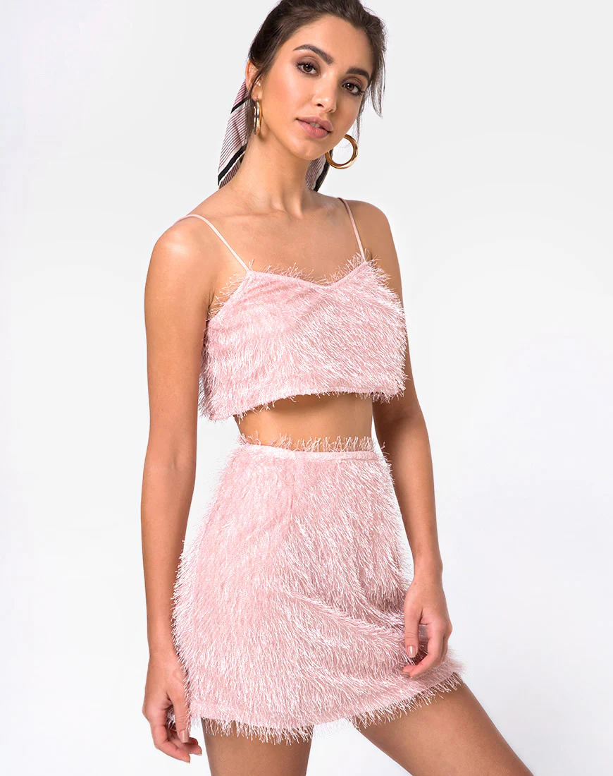 Weaver High Waist Skirt in Fringe Sugar Pink - Awmao