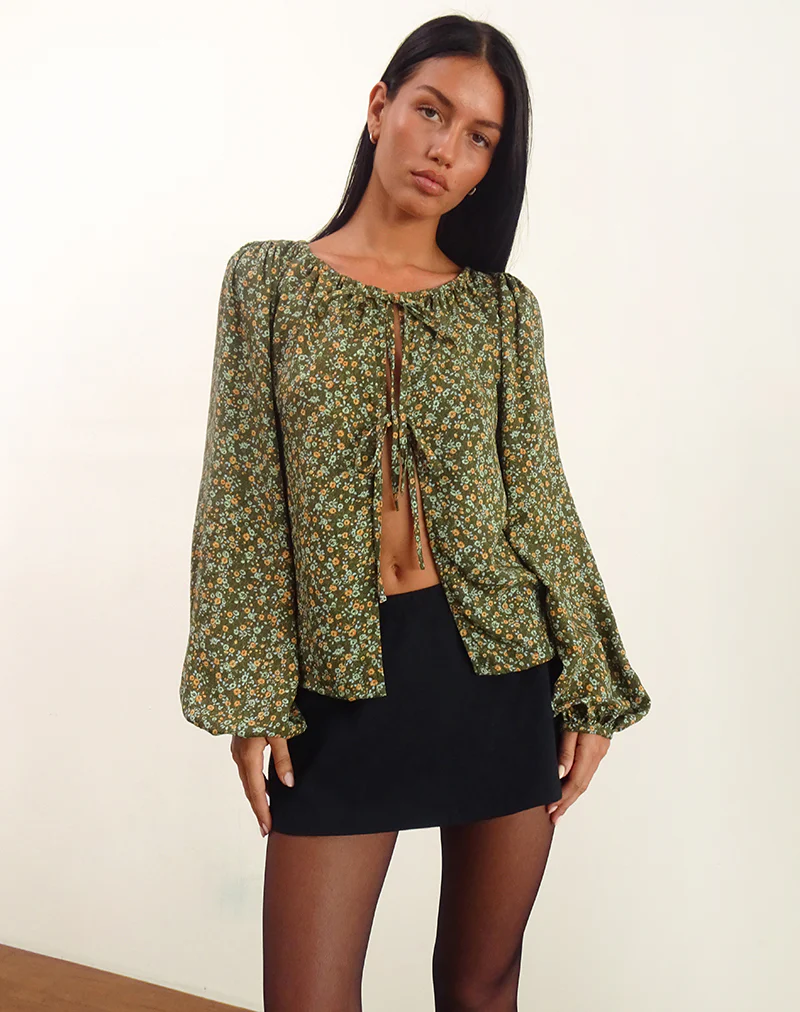 Modeta Tie Top in Grunge Floral Khaki - Awmao