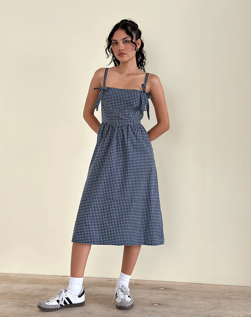 Sloane Midi Dress in Mini Dark Blue Gingham - Awmao