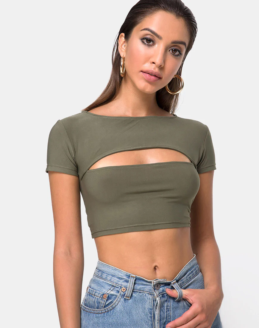 Shim Cutout Crop Top in Khaki - Awmao
