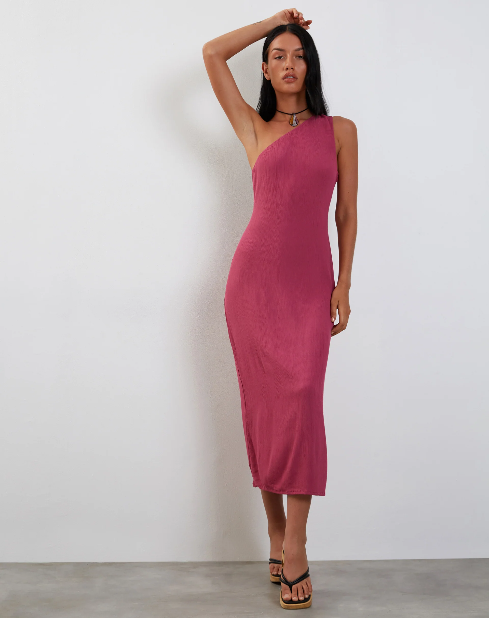 Namjun One Shoulder Midi Dress in Daco Rose Crinkle - Awmao