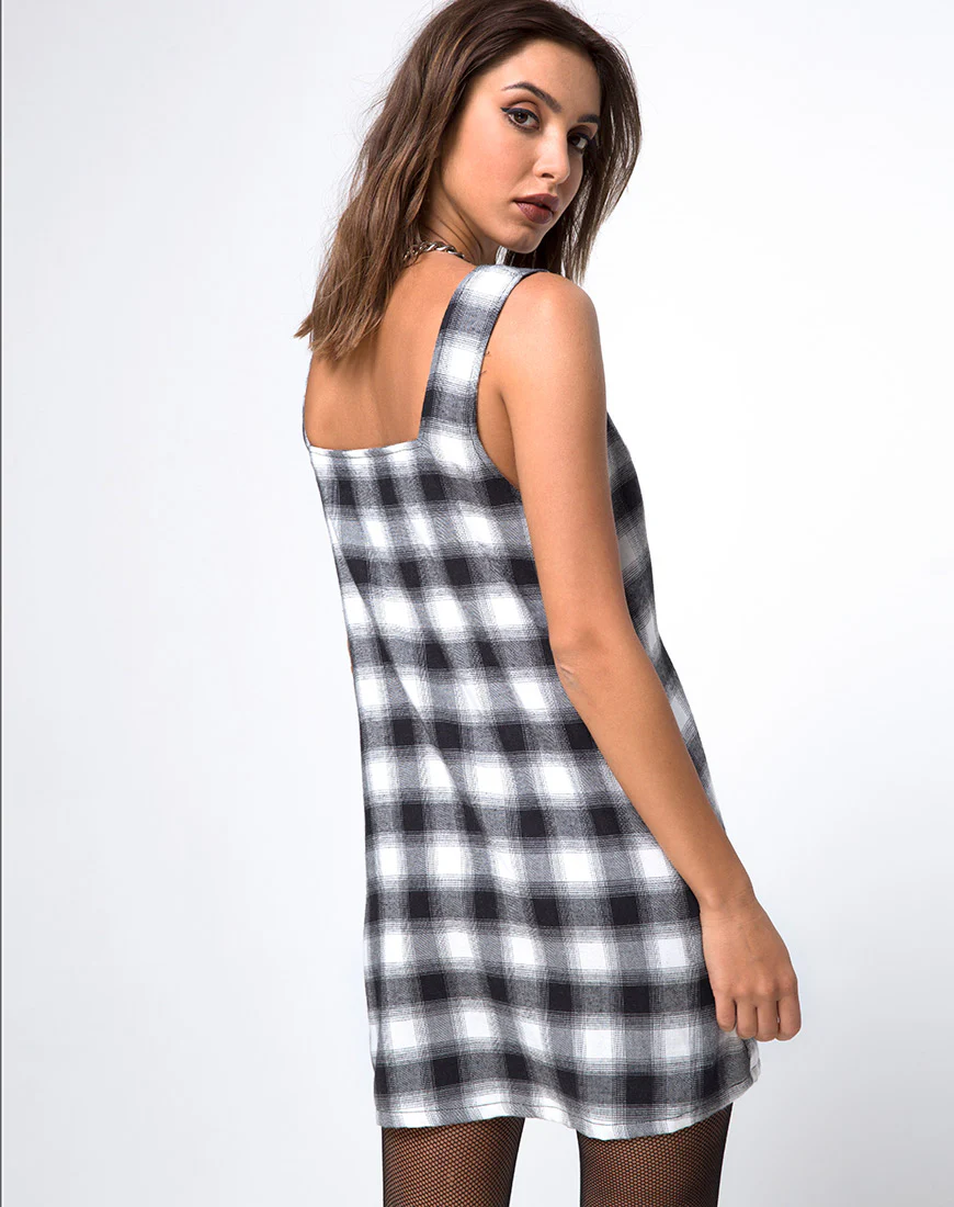 Madison Pinafore Dress in Plaid Black and White - Awmao
