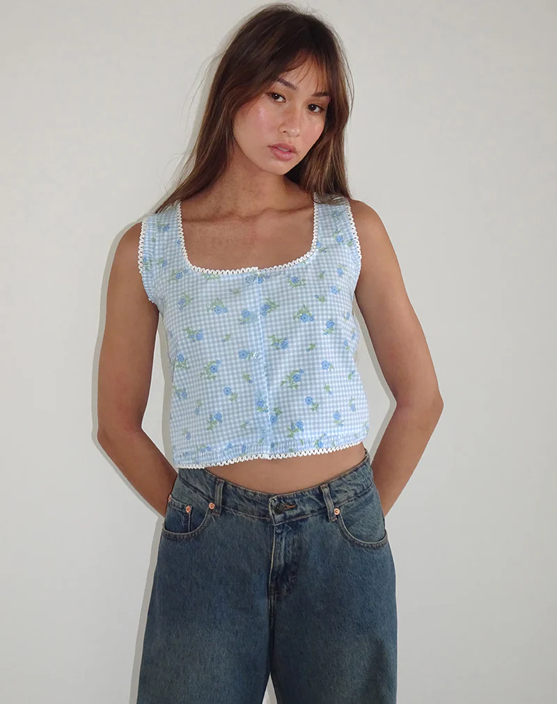 Ternya Top in Blue Flower Gingham - Awmao
