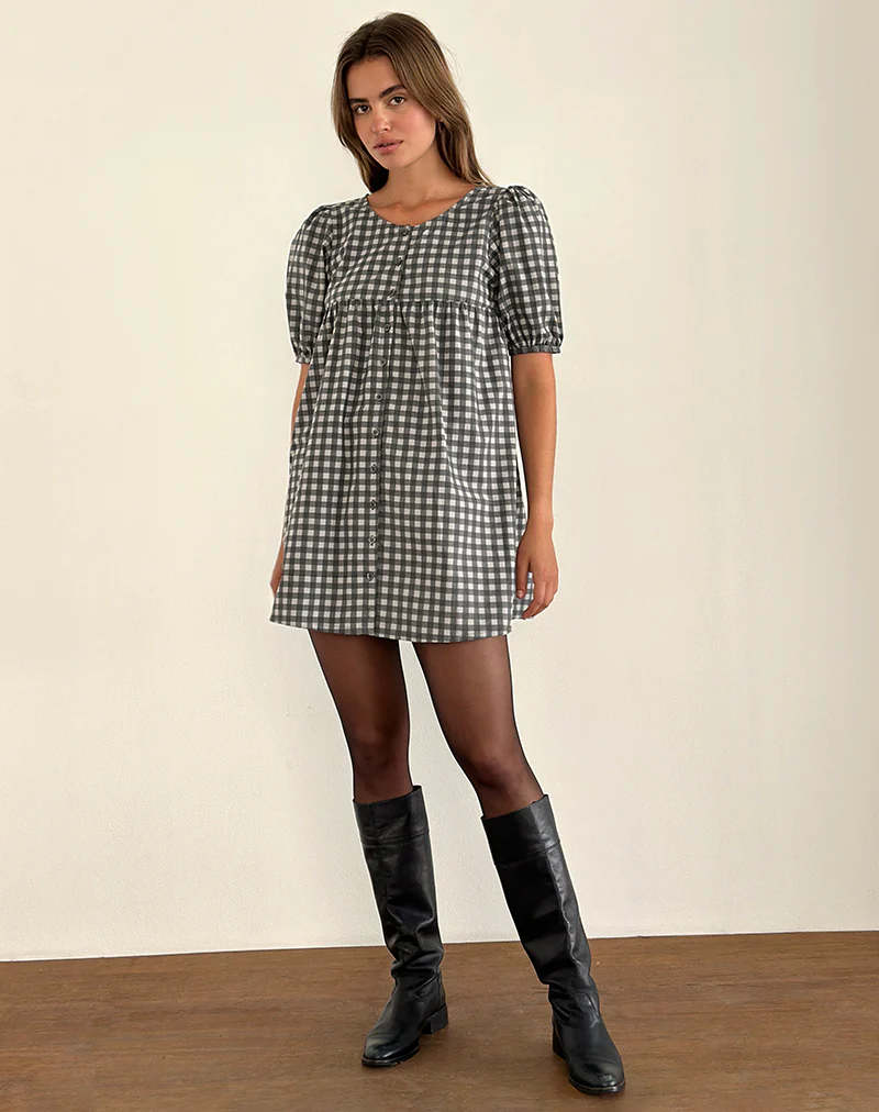 Cybera Mini Dress in Tonal Gingham Black and Grey - Awmao