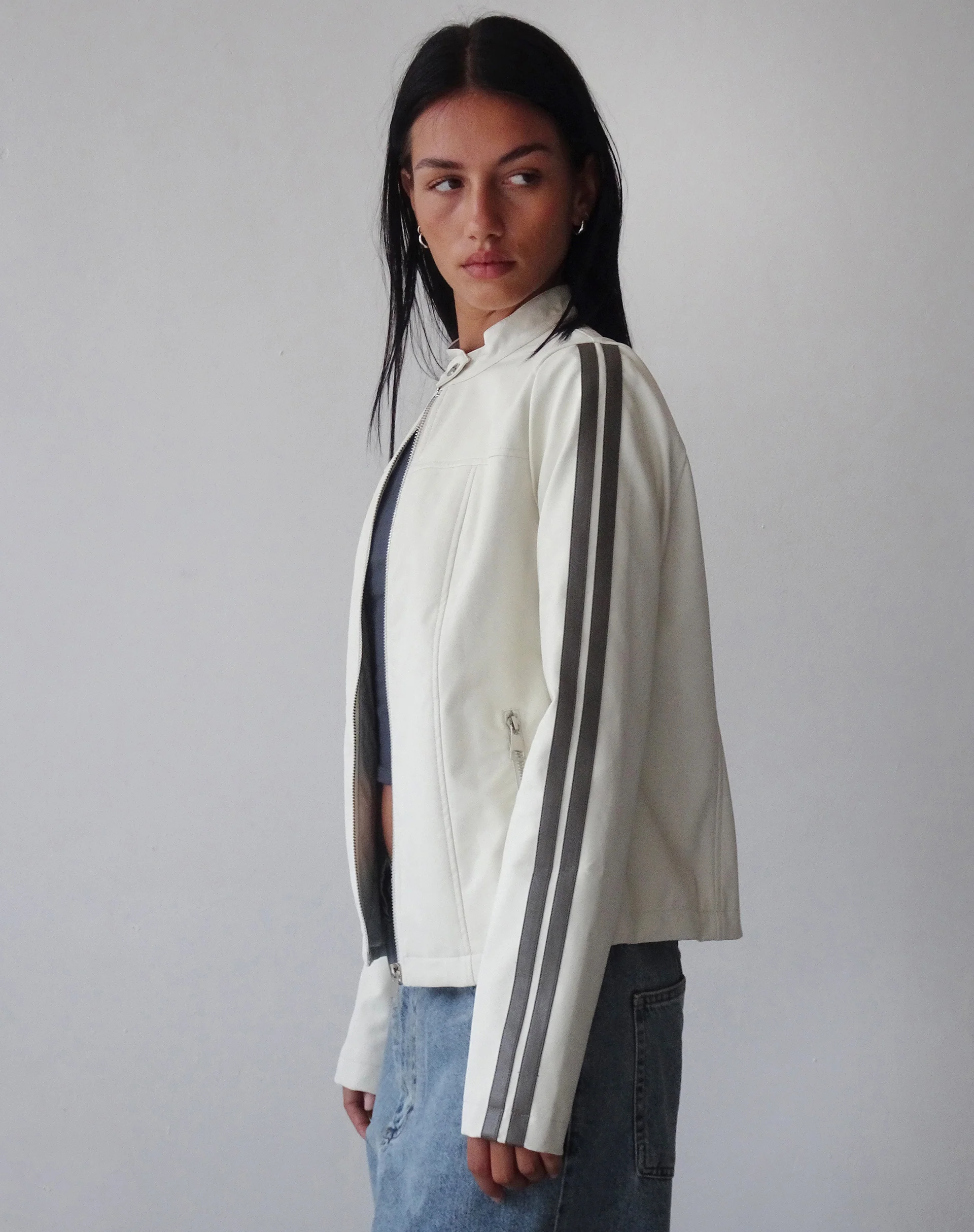Jacquie Zip Up Jacket in PU Cream with Brown Stripe - Awmao