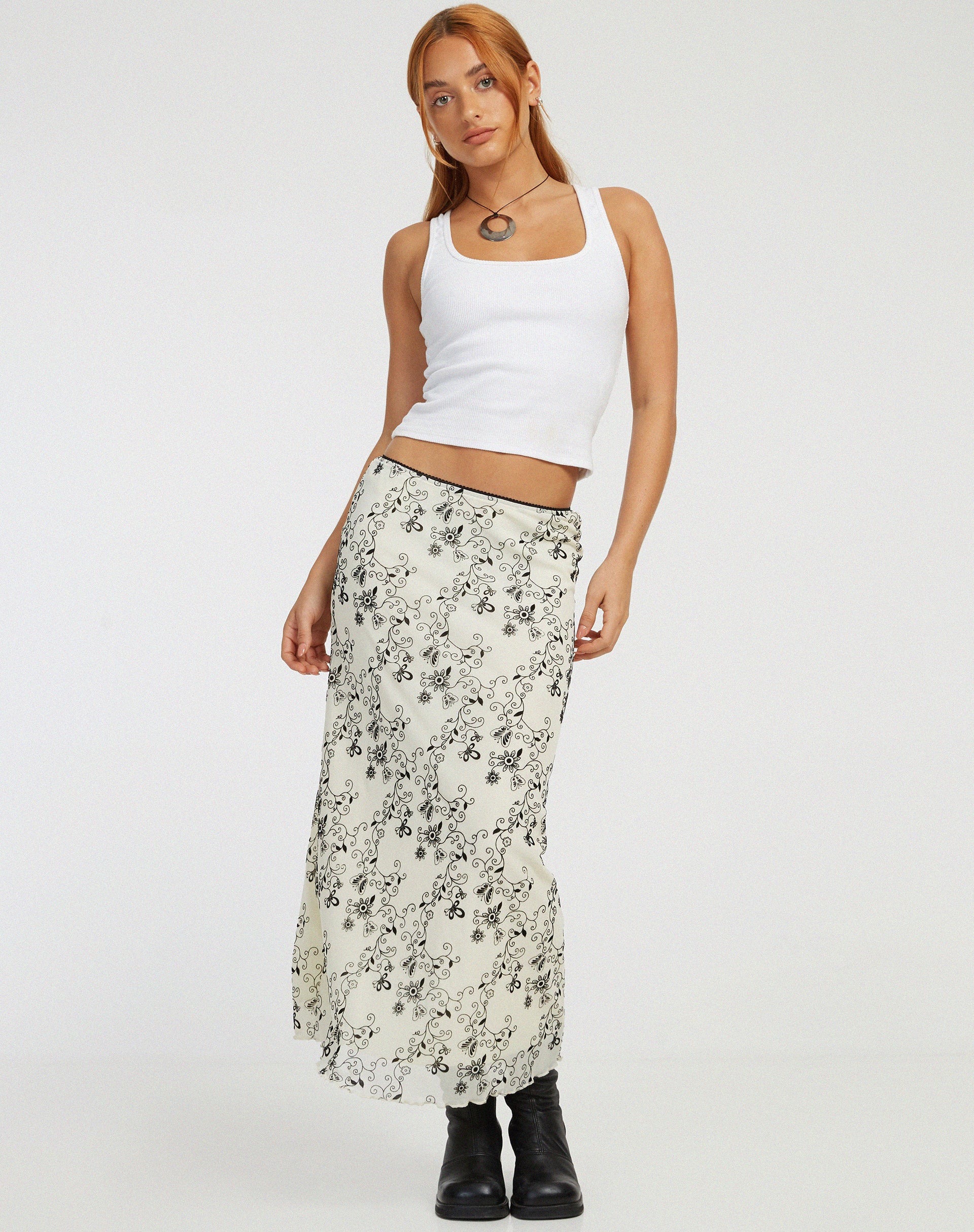 Lassie Maxi Skirt in Butterfly Vine Flock White - Awmao