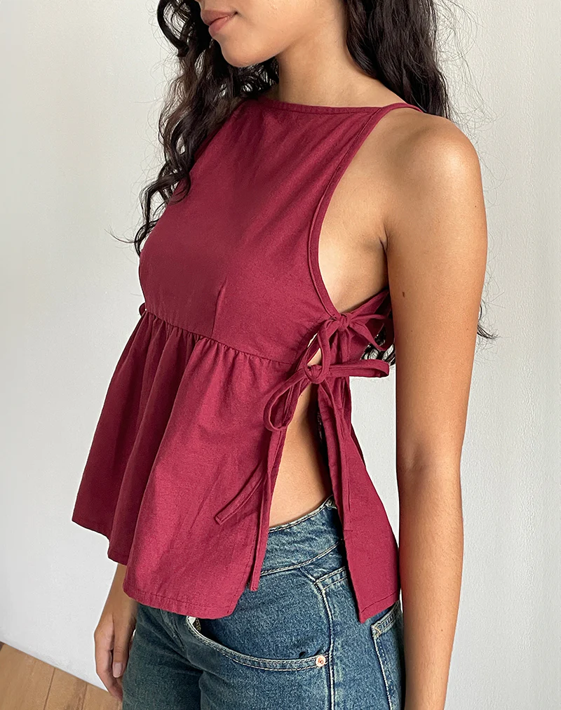 Palsi Tie Side Top in Burgundy - Awmao