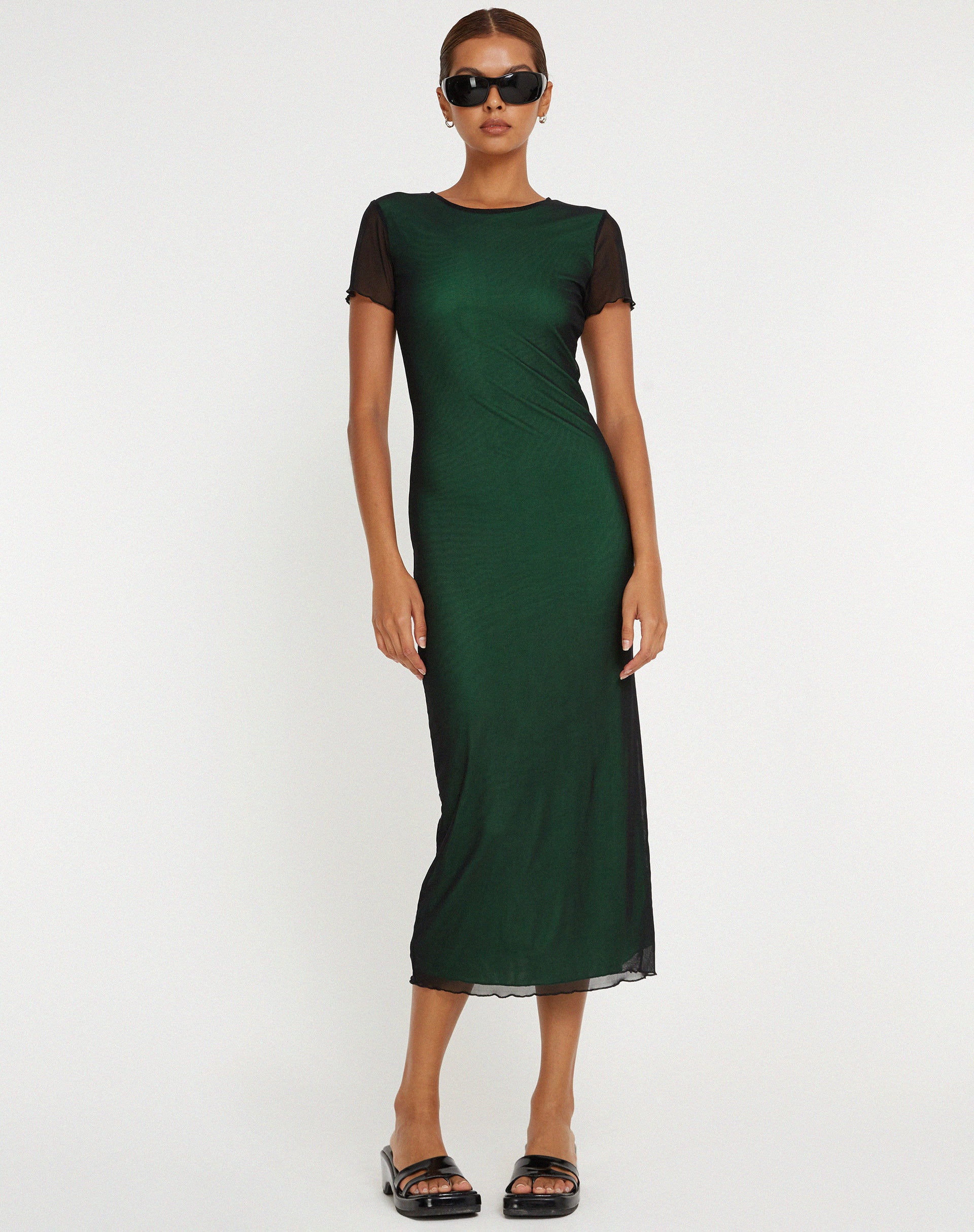 Roska Midi Dress in Black with Vibrant Green Lining - Awmao
