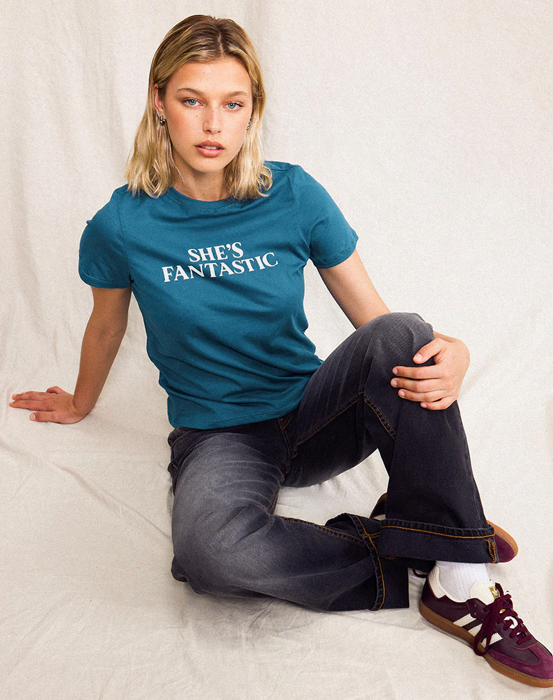 Saki Tee in Mediterranean Blue with She's Fantastic Slogan - Awmao