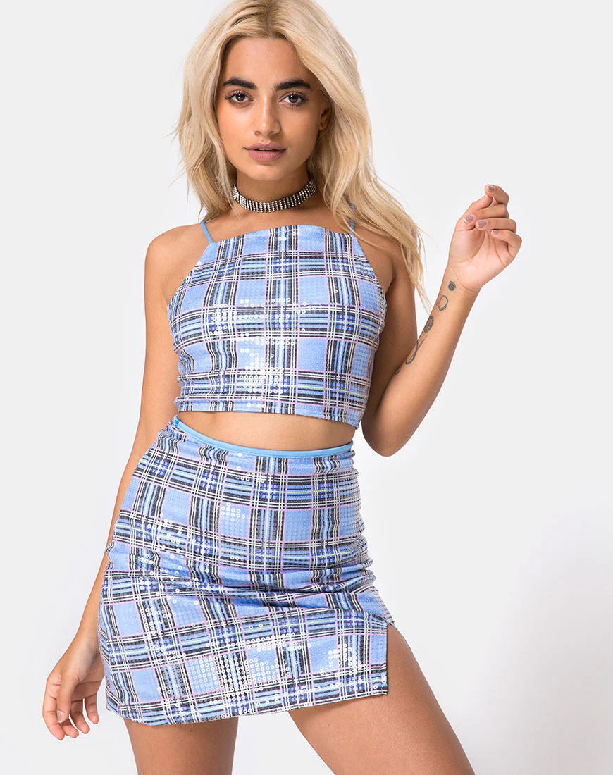 Dina Mini Skirt in 90's Check with Clear Sequin - Awmao