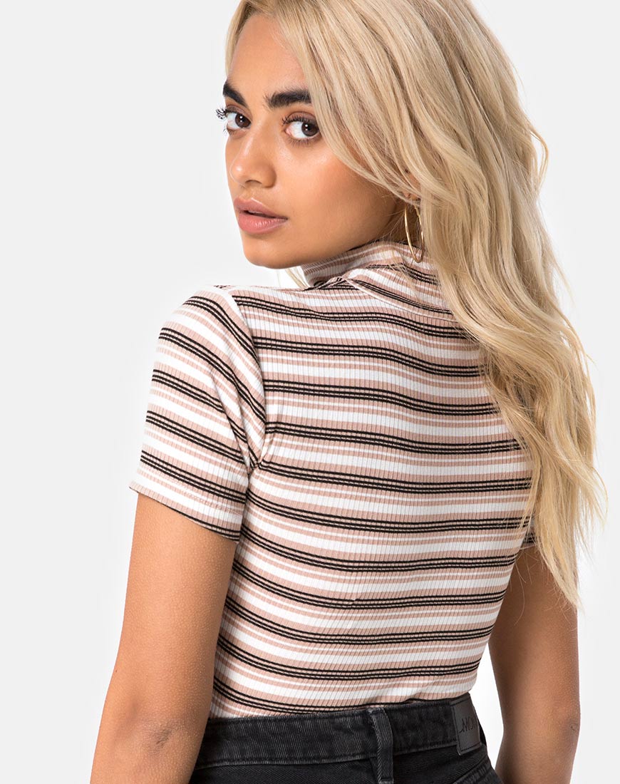 Shidi Cutout Bodice in Rib Stripe Cream Black and Tan - Awmao