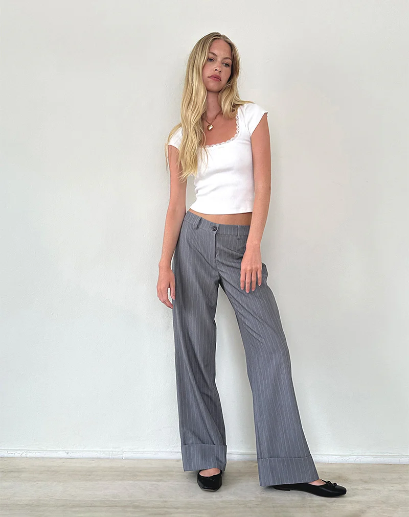Abba Low Rise Trouser in Grey Pinstripe - Awmao