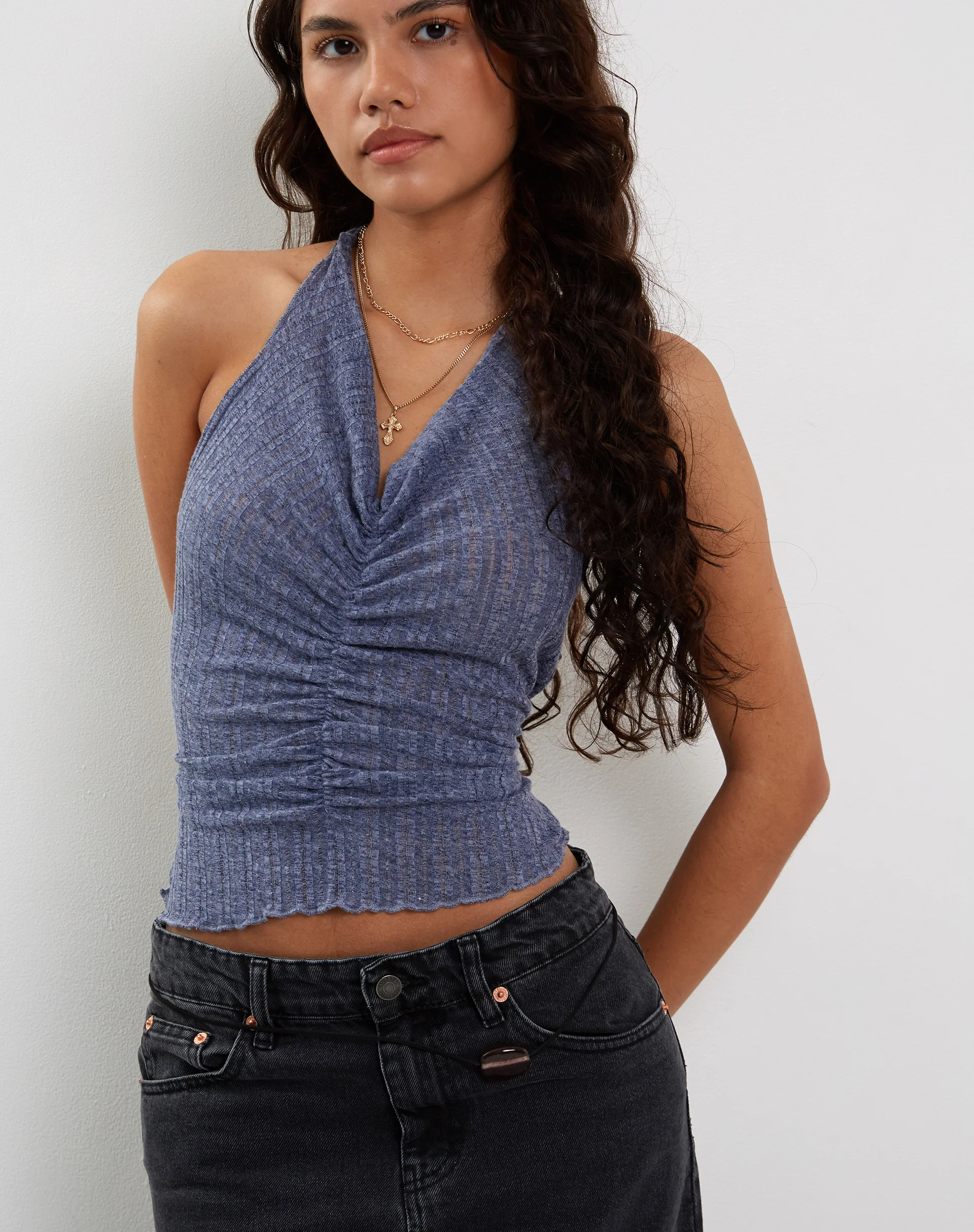 Enzley Knitted Halterneck Top in Navy - Awmao
