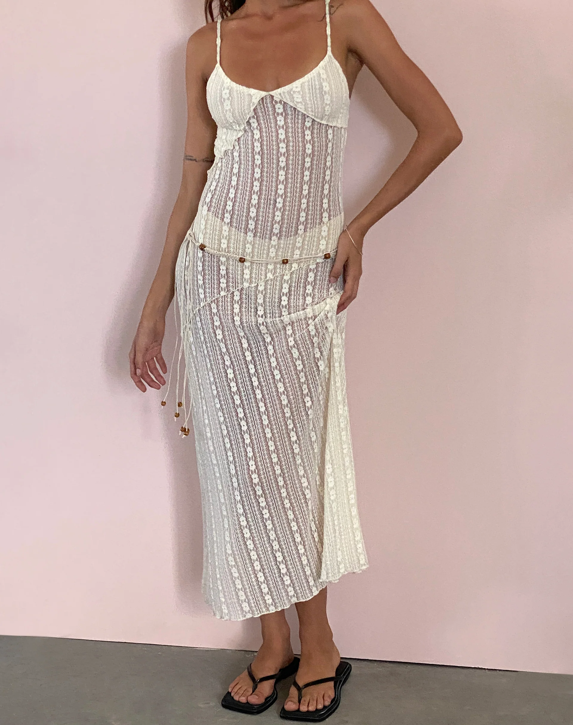 Kehlani Sheer Midi Dress in Cream Lace - Awmao