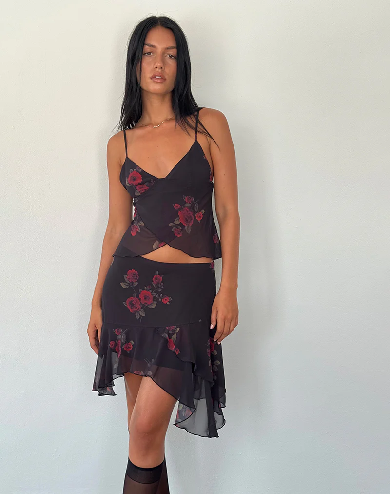 Winona Mini Skirt in Vintage Roses Black - Awmao