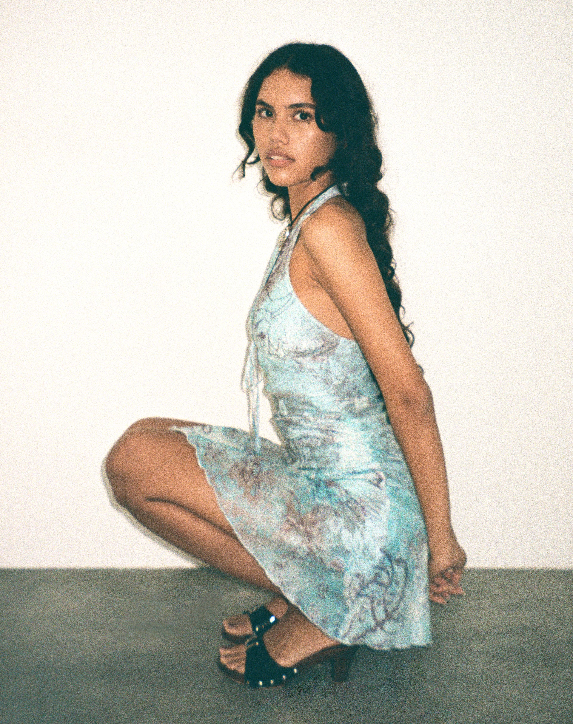 Yuta Halterneck Mini Dress in Blue Paisley Abstract Rustic - Awmao