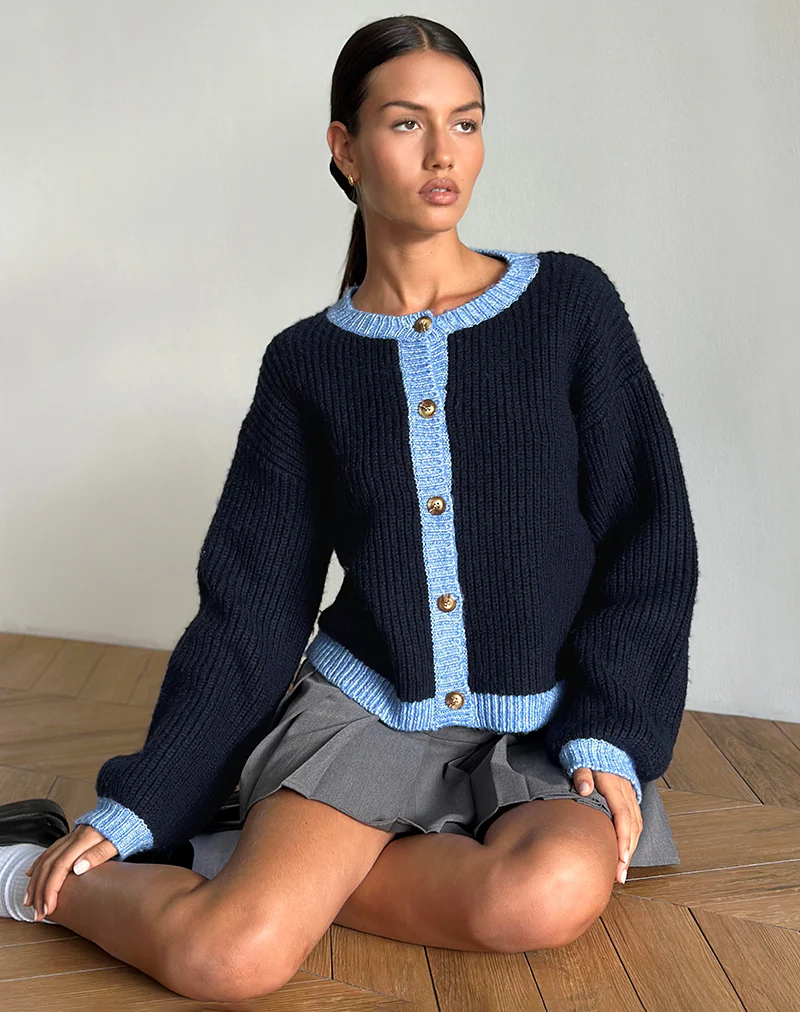 Luciana Cardigan in Contrast Navy - Awmao