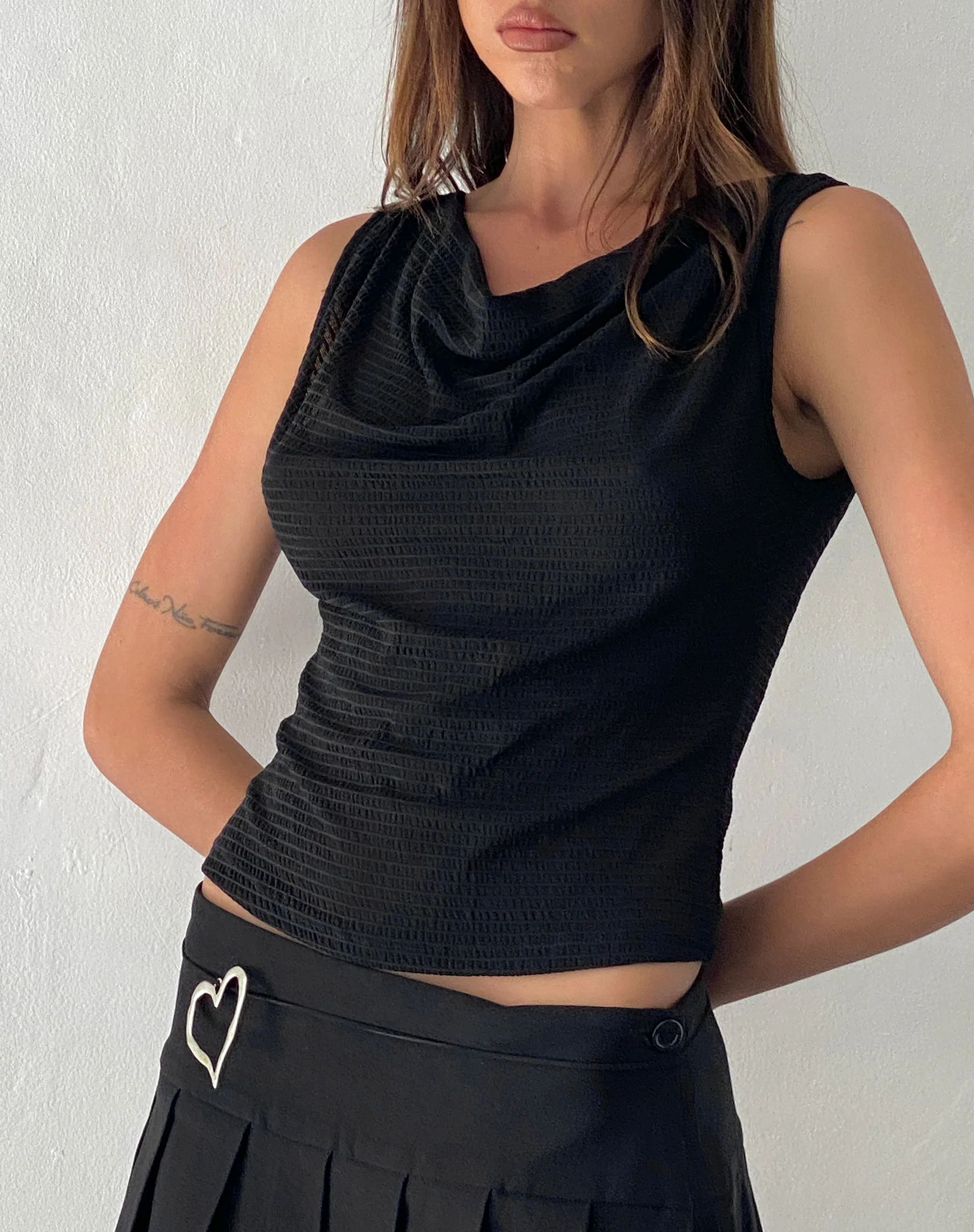 Lizette Cowl Open Back Top in Textured Black - Awmao