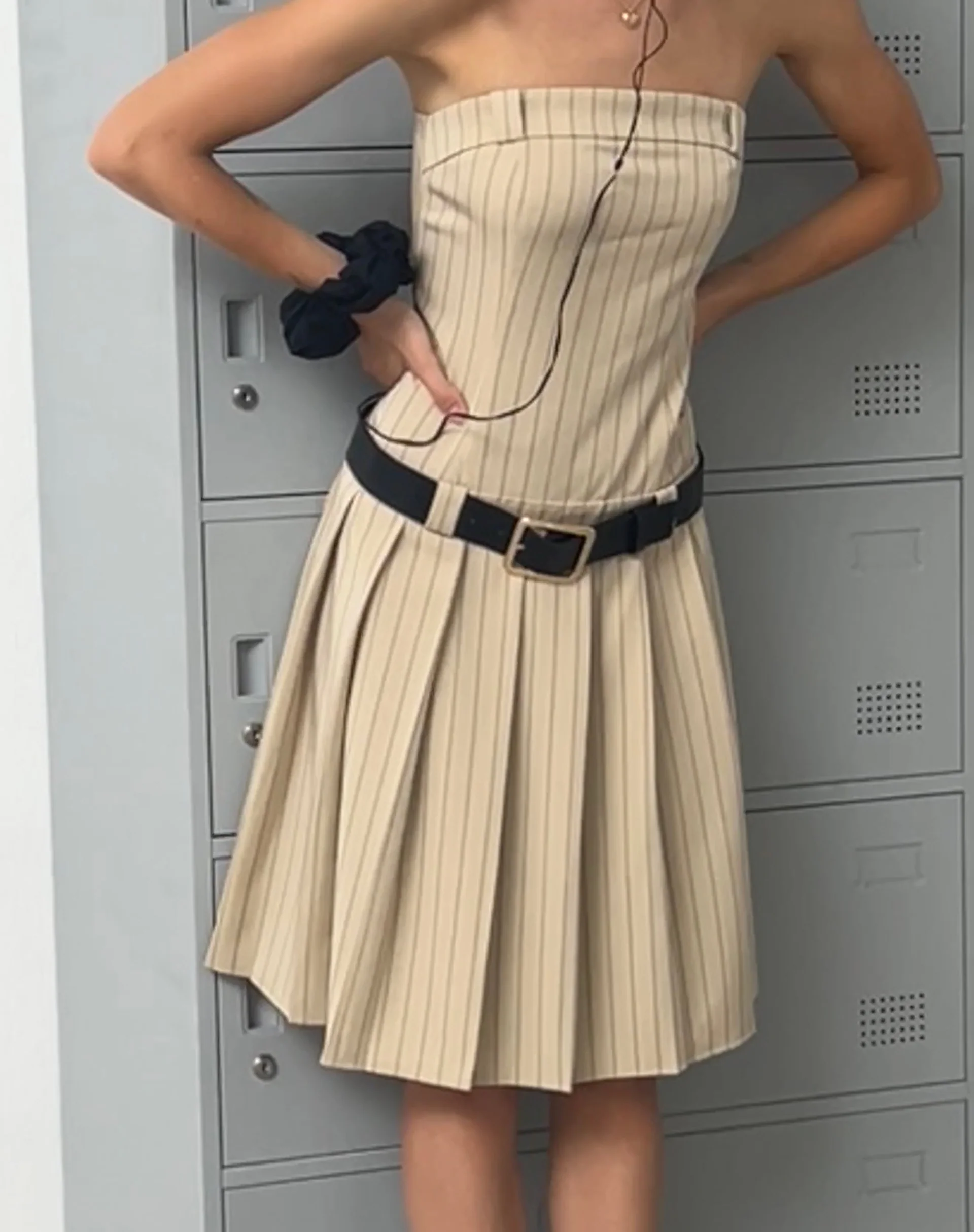 Aldari Bandeau Midi Dress in Tailoring Tan Pinstripe - Awmao