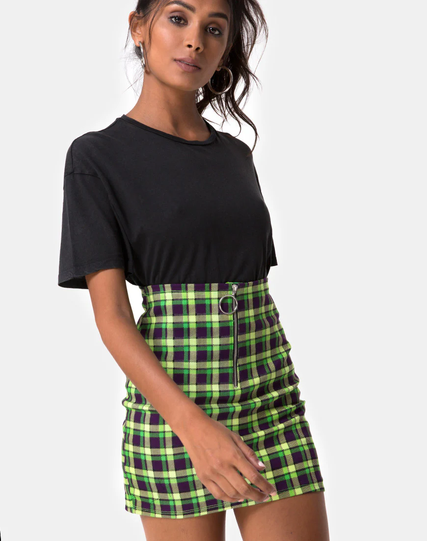 Kimber Bodycon skirt in Green and Purple Check - Awmao