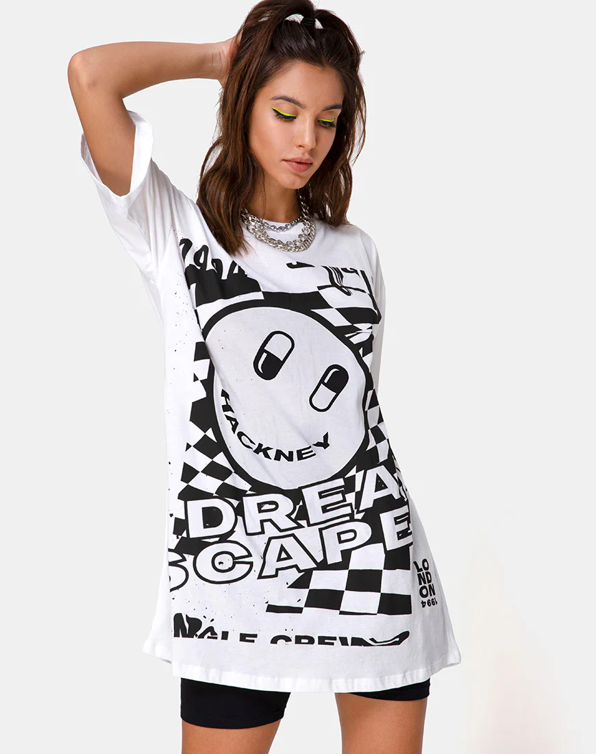 Sunny Kiss Tee in White with Black Dream Scape - Awmao