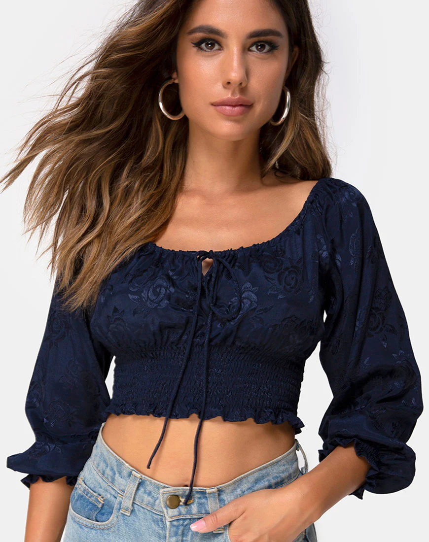 Lancer Crop Top in Satin Rose Navy - Awmao