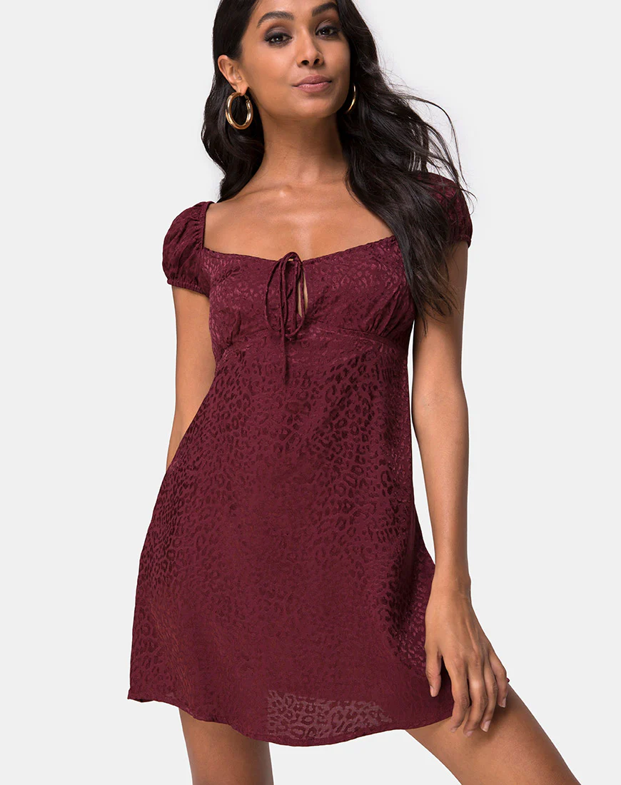 Gaval Mini Dress in Satin Cheetah Burgundy - Awmao
