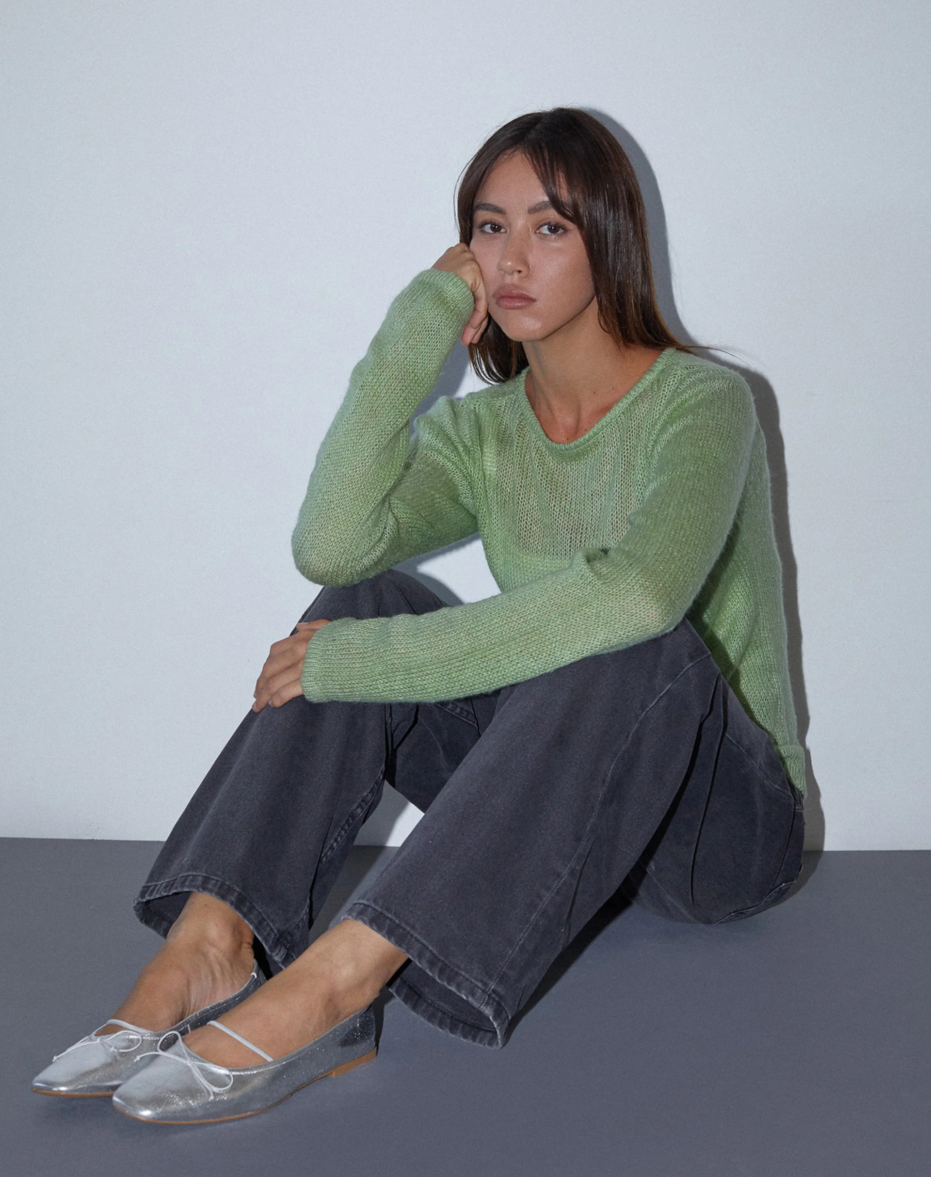 Sukana Long Sleeve Sheer-Knit Top in Light Green - Awmao
