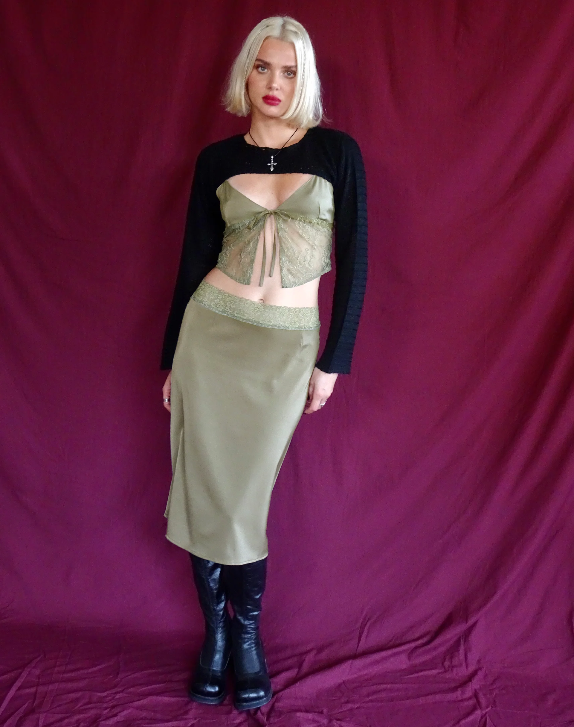 Golda Midi Skirt in Satin Avocado - Awmao