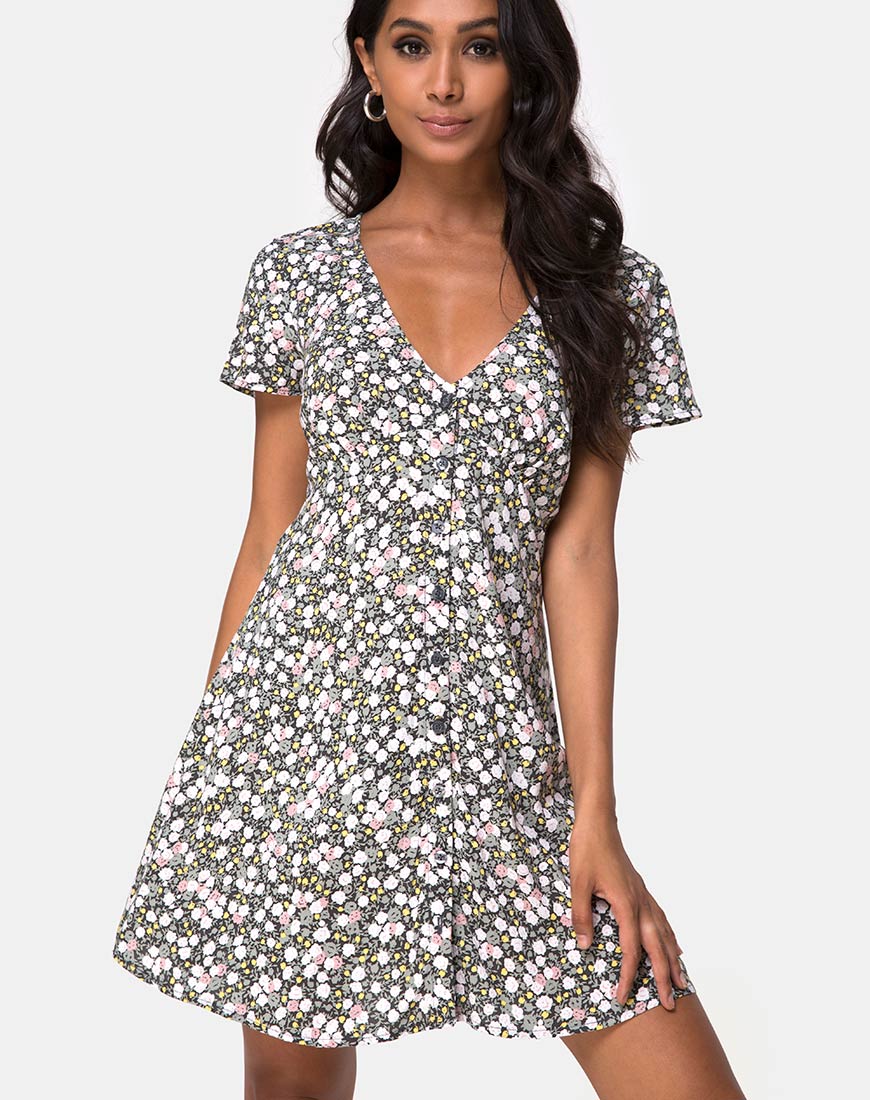 Sahara Tea Dress in Floral Field Olive - Awmao