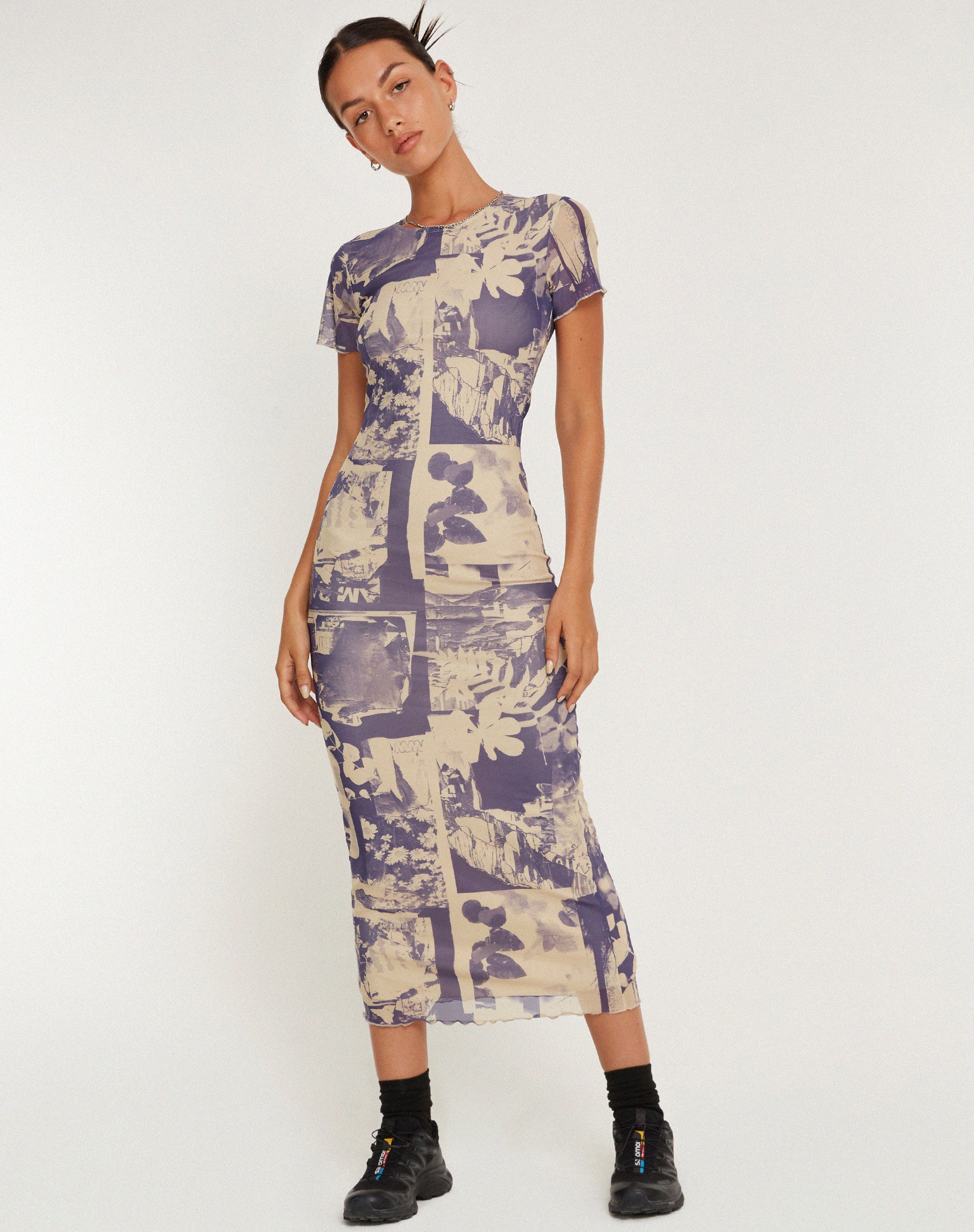 Roska Printed Mesh Midi Dress in Collage Floral Shadow Purple - Awmao