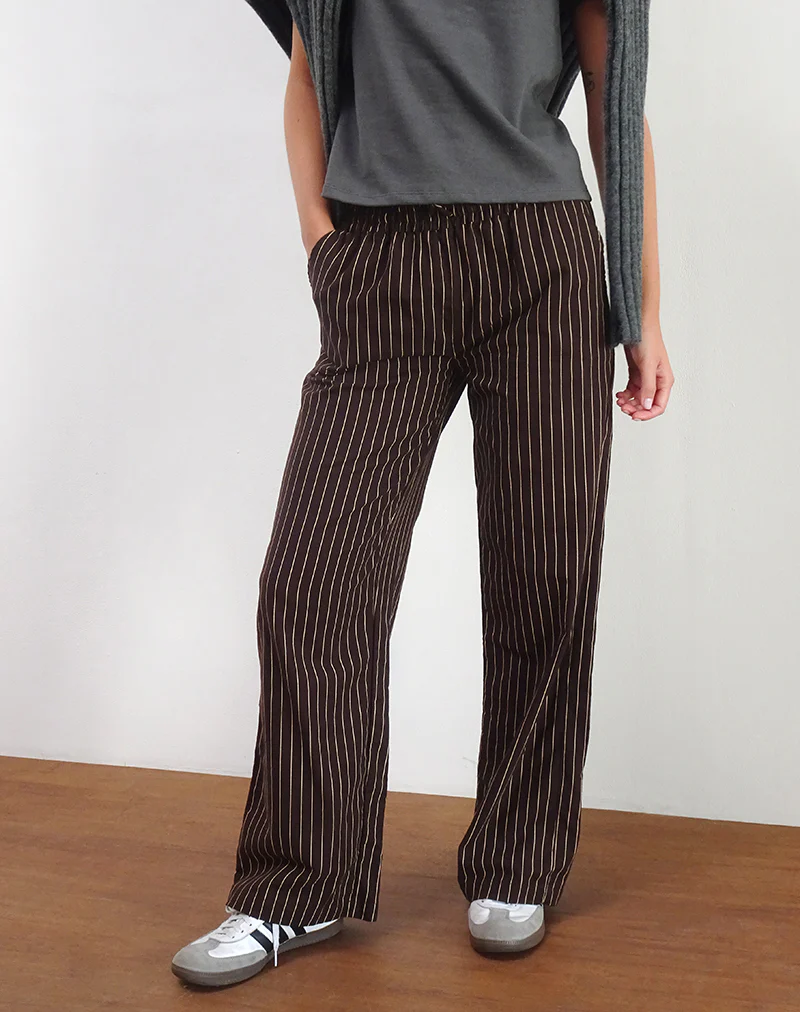 Wasic Wide Leg Linen Trousers in Deep Mahogany Pencil Stripe - Awmao