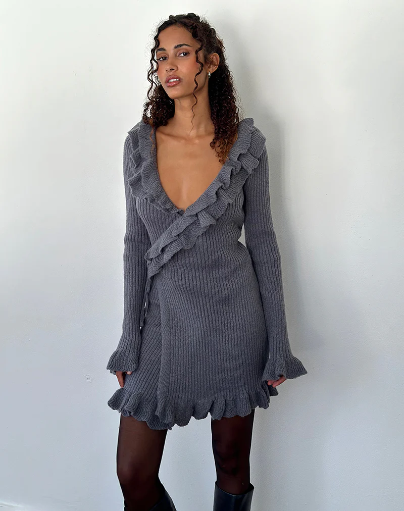 Marianna Long Sleeve Knitted Mini Dress in Dark Grey - Awmao