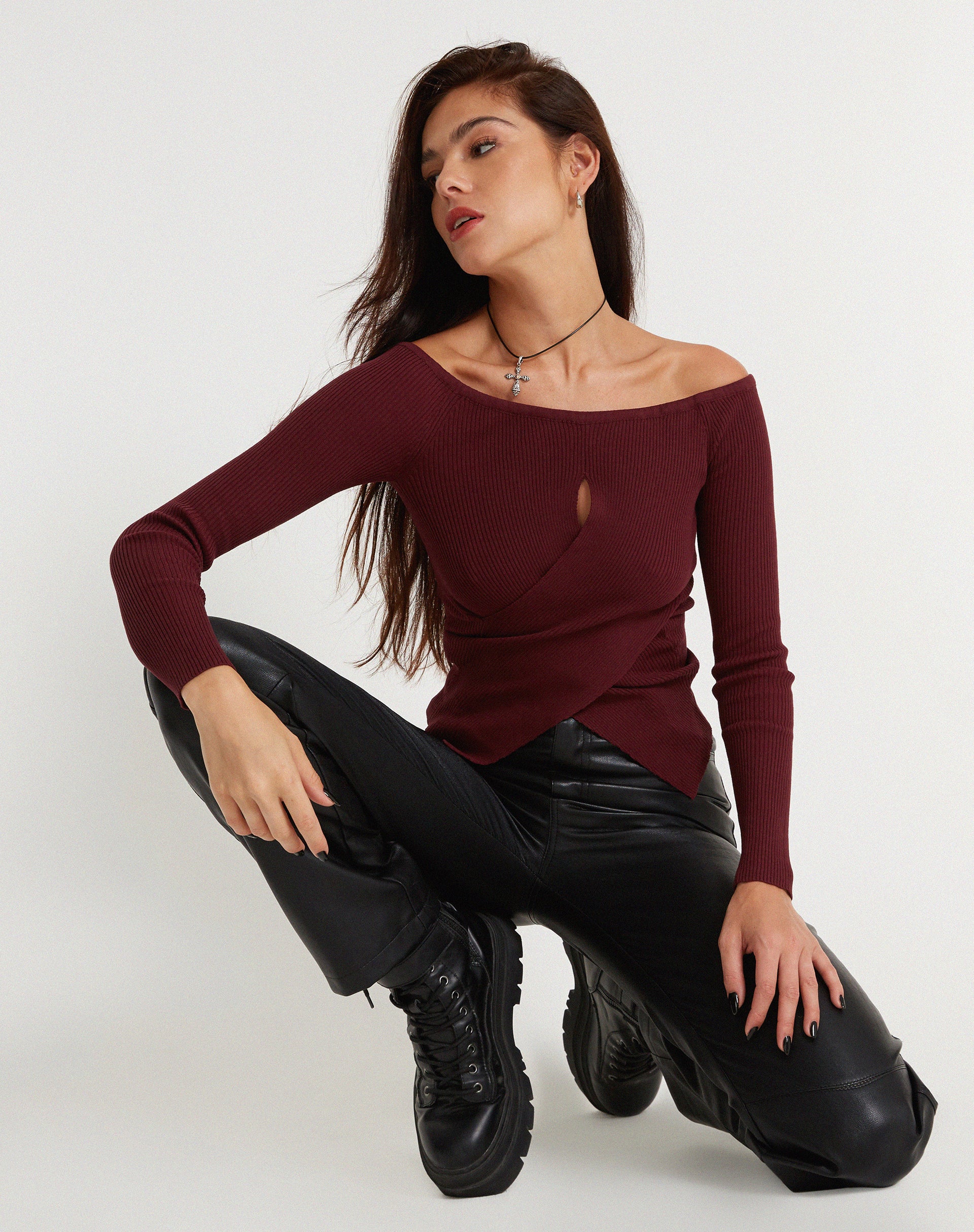 Amandari Bardot Long Sleeve Top in Marron - Awmao