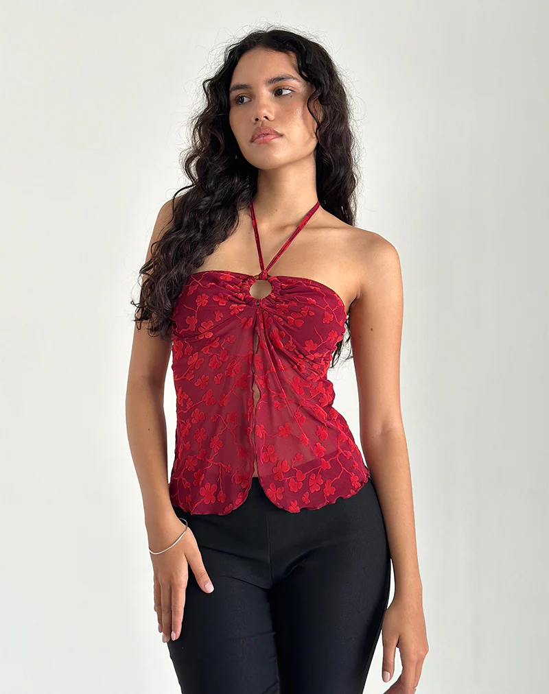 Janar Halterneck Top in Grunge Flower Flock Red - Awmao
