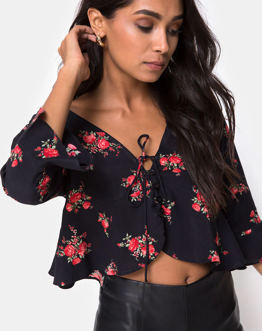Vinequa Top in Soi Rose Black and Red - Awmao