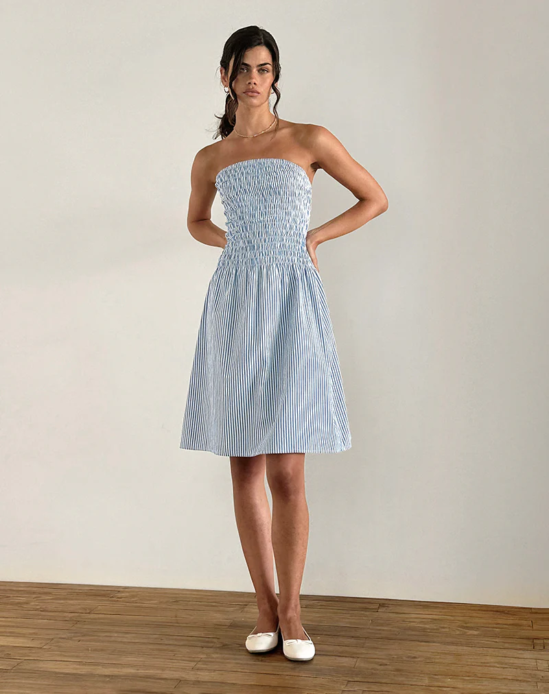 Belesi Midi Dress in Blue Small Vertical Stripe - Awmao