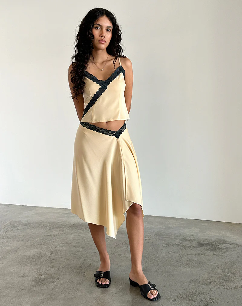 Houda Midi Skirt in Buttermilk with Grey Lace - Awmao