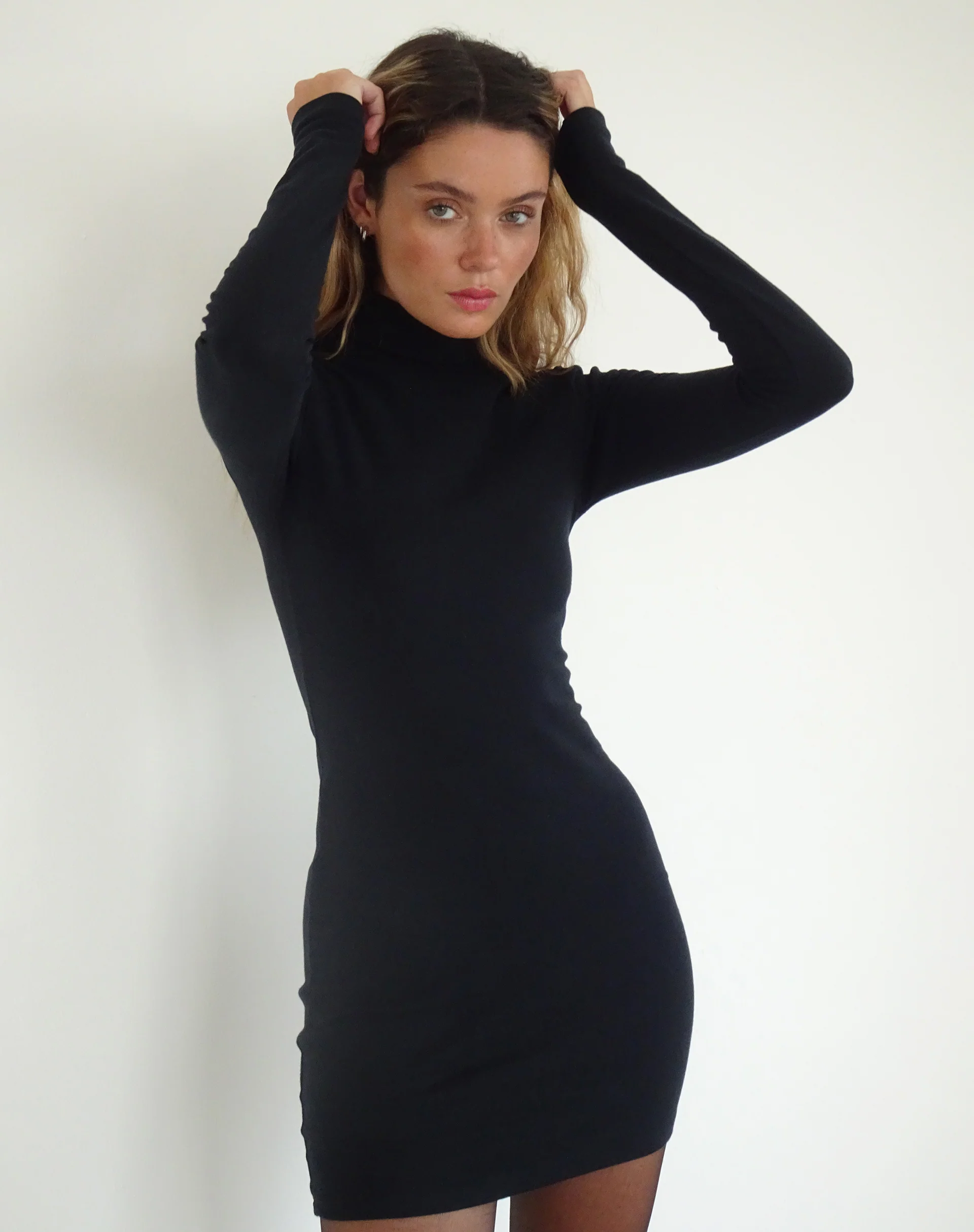 Yrion Turtle Neck Bodycon Mini Dress in Black - Awmao