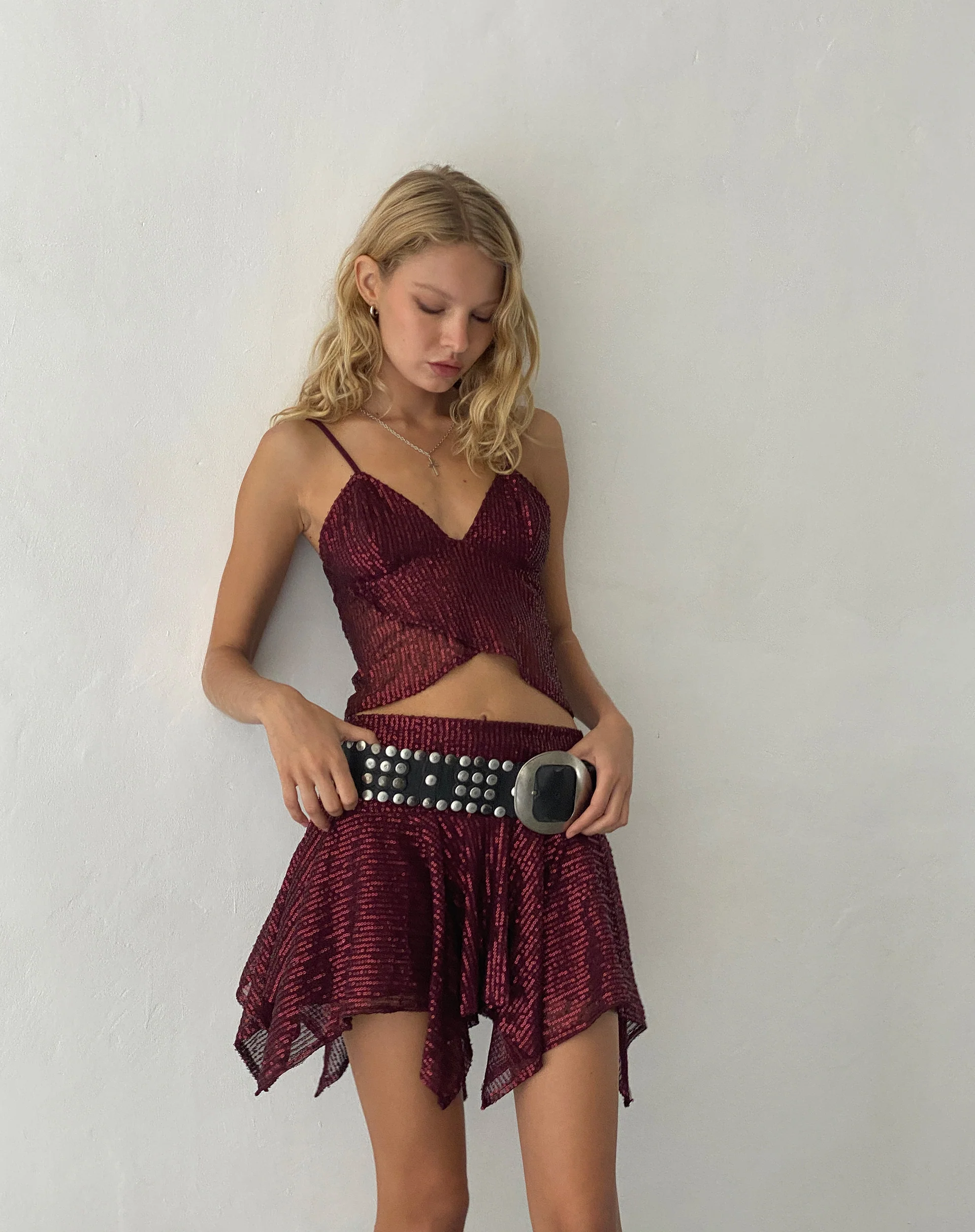 Helga Waterfall Mini Skirt in Sequin Burgundy - Awmao