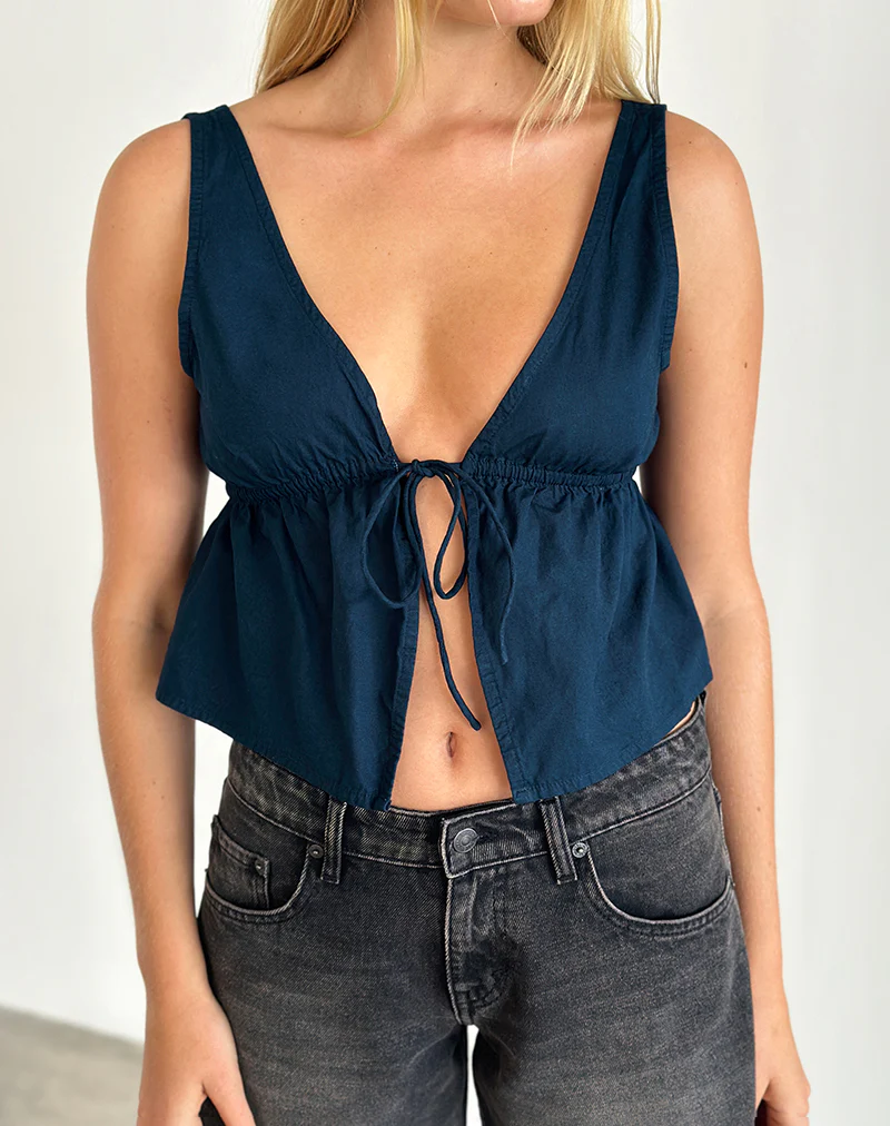 Rolia Tie Front Top in Navy - Awmao
