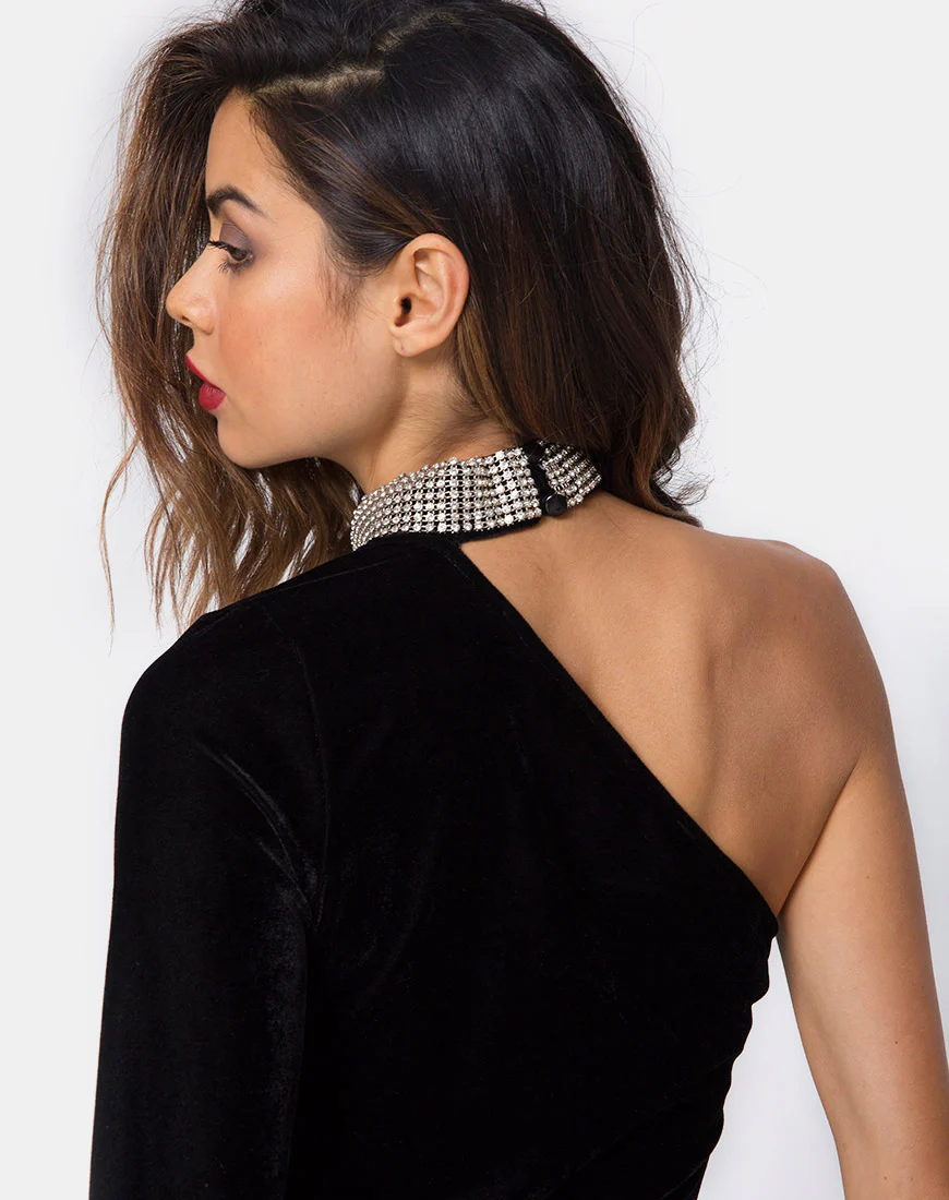 Kaido One Shoulder Bodycon Dress in Velvet Diamond Black - Awmao