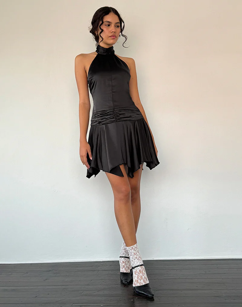 Hydri Satin Halterneck Mini Dress in Black - Awmao